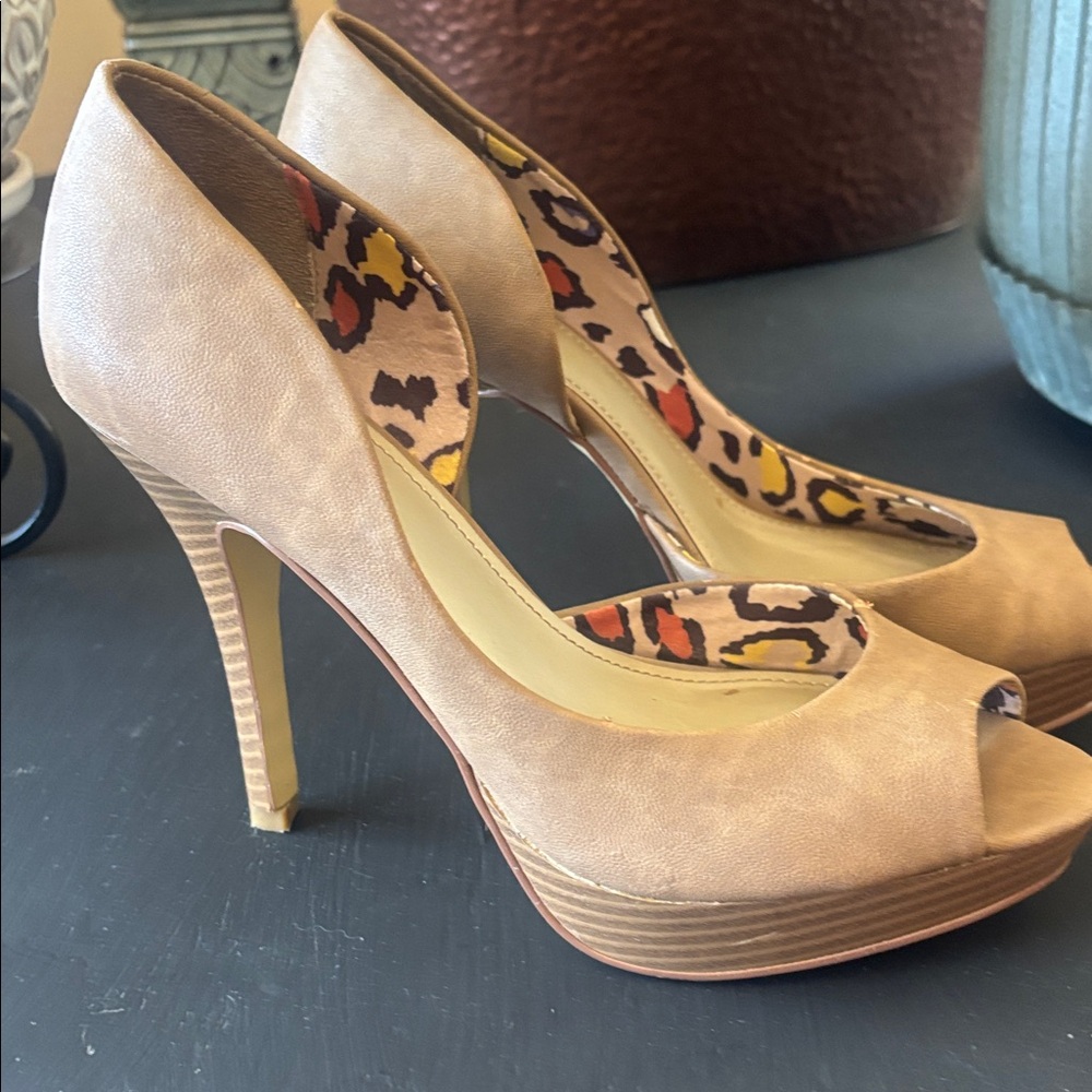 Tan Peep-Toe Heels